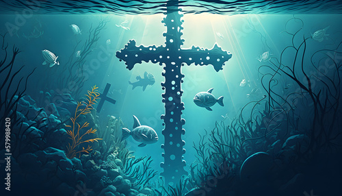 croix chrétienne sous l'eau, généré par IA