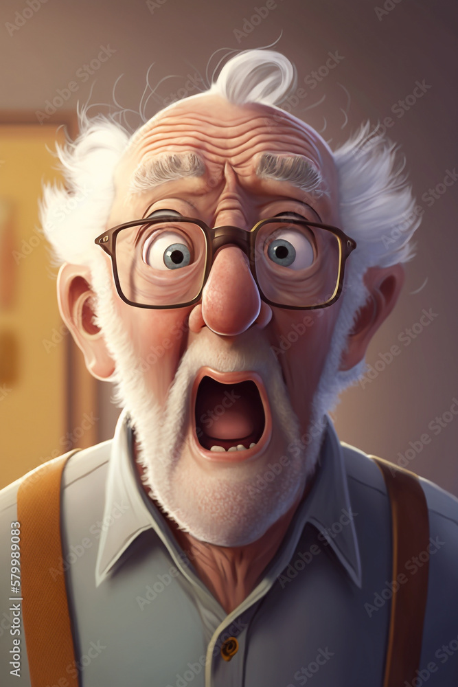 Surprised expression of a funny elderly man, cartoon style illustration - Ai generative