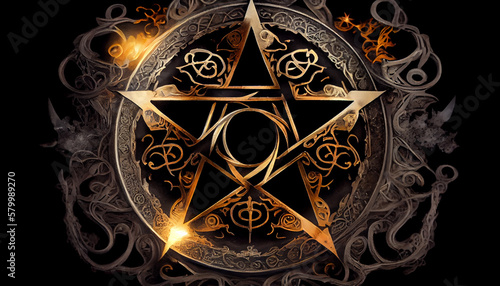 Black mass montage of occult Satanic pentagram materialising against a grunge texture background of alchemy symbols.