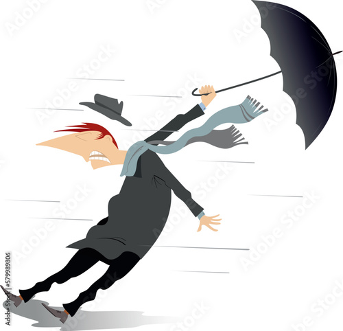 Man, umbrella and windy and rainy day. 
Man with umbrella staying on the strong wind and lost his hat. Isolated on white background

