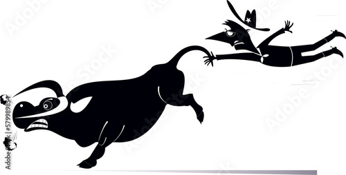 Farmer or cowboy and angry bull illustration. 
Rodeo. Farmer or cowboy catching a bull by tail. Black and white illustration
