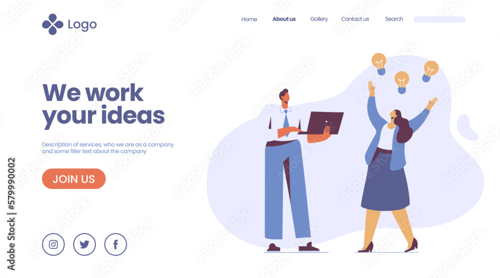 Business idea landing page template.Teamwork and partnership Business communicate concept. Businessman and Businesswoman communication in business webpage, landing page vector Business idea landing page template.Teamwork and partnership Business communicate concept. Businessman and Businesswoman communication in business webpage, landing page vector
