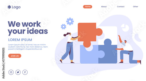 Business idea landing page template.Teamwork and partnership Business communicate concept. Businessman and Businesswoman communication in business webpage, landing page vector