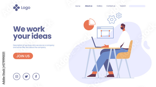 Remote work business landing page vector. Flat design of office productivity, startup management, and teamwork online. Modern web template for UI/UX, corporate website, and digital marketing.