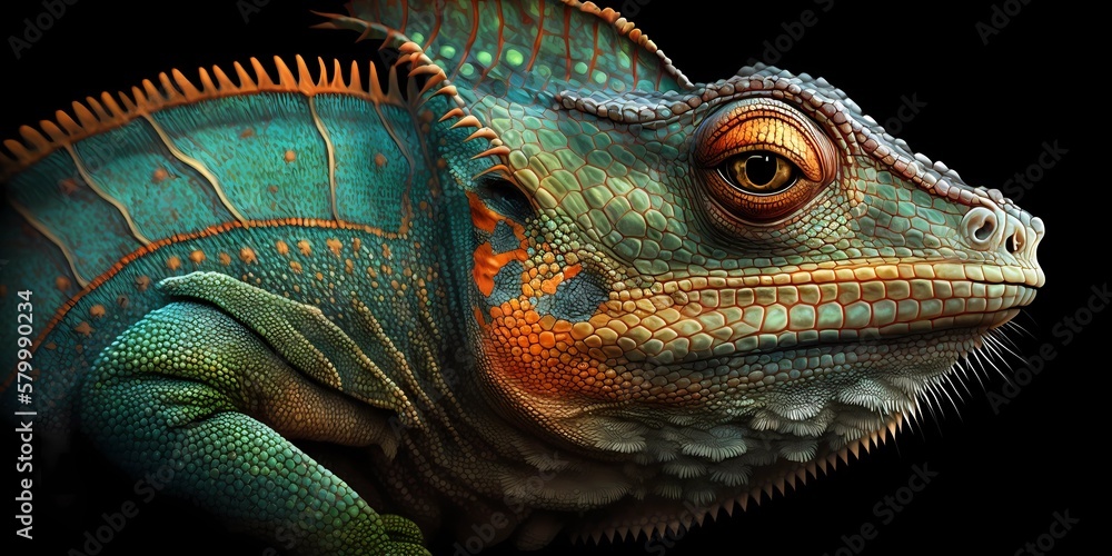 Obraz premium Green and orange colored exotic camouflaged chameleon. Tropical reptile in profile view. Generative AI.