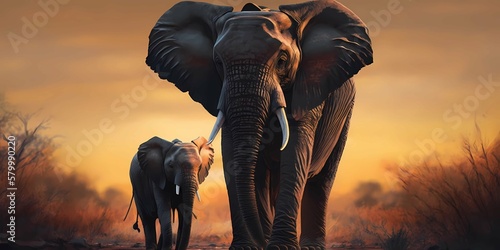 Mother and baby elephant walking through the African lands. Wildlife in the savannah. Generative AI.