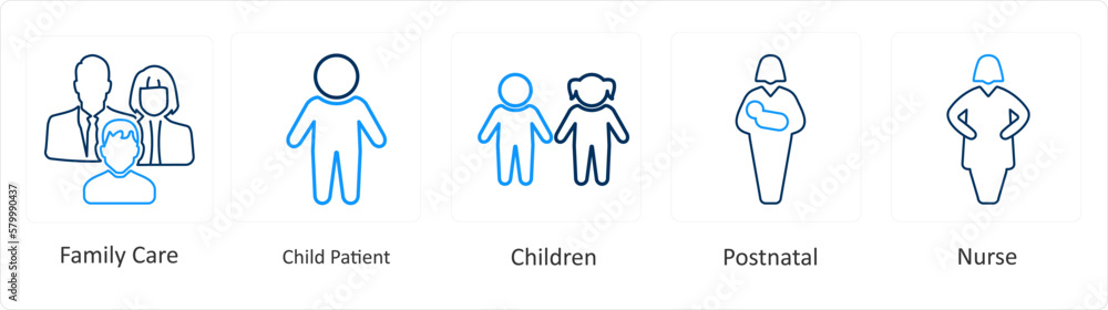 A set of 6 Medical icons as family care, child patient, children A set of 6 Medical icons as family care, child patient, children