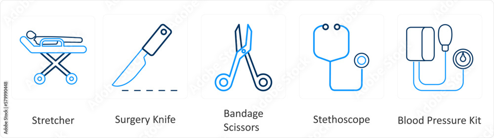 A set of 6 Medical icons as stretcher, surgery knife, bandage scissors A set of 6 Medical icons as stretcher, surgery knife, bandage scissors