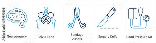 A set of 6 Medical icons as neurosurgery, pelvic bone, bandage scissors