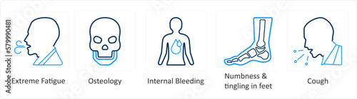 A set of 6 Medical icons as extreme fatigue, osteology, internal bleeding