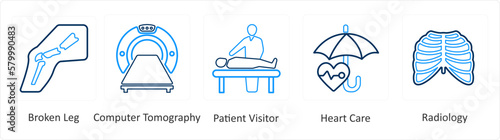 A set of 6 Medical icons as broken leg, computer tomography, patient visitor