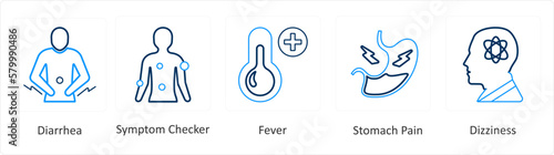 A set of 6 Medical icons as diarrhea, symptom checker, fever
