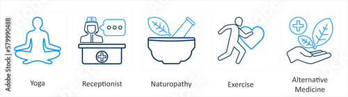 A set of 6 Medical icons as yoga, receptionist, naturopathy