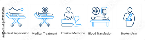 A set of 6 Medical icons as medicine, blood transfusion, broken arm
