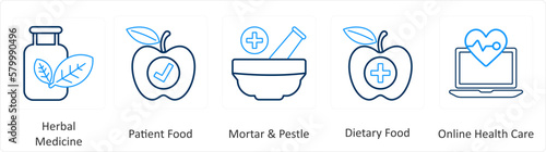 A set of 6 Medical icons as herbal medicine, patient food, mortar and pestle