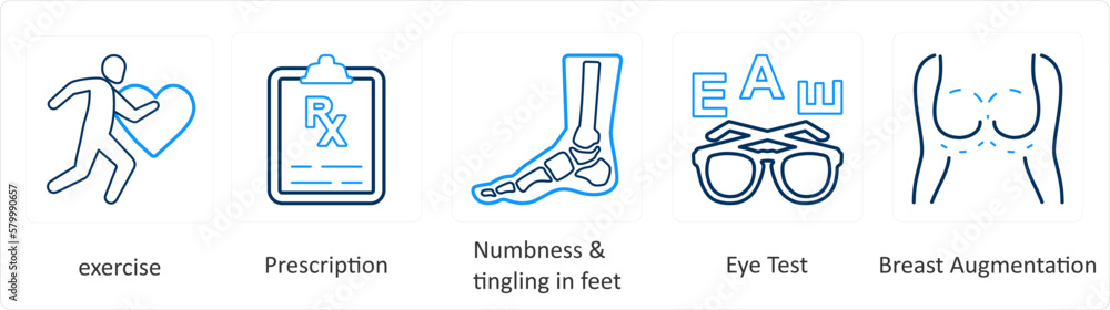 A set of 6 Medical icons as exercise, prescription, numbness and tingling in feet A set of 6 Medical icons as exercise, prescription, numbness and tingling in feet
