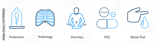 A set of 6 Medical icons as protection, radiology, diarrhea