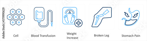 A set of 6 Medical icons as cell, blood transfusion, weight increase