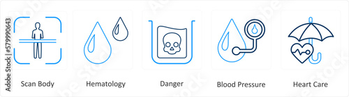 A set of 6 Medical icons as scan body, hematology, danger 