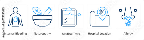 A set of 6 Medical icons as internal bleeding, naturopathy, medical tests