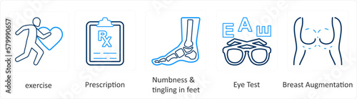 A set of 6 Medical icons as exercise, prescription, numbness and tingling in feet