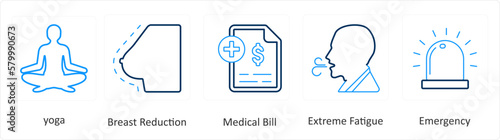 A set of 6 Medical icons as yoga, breast reduction, medical bill