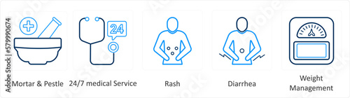 A set of 6 Medical icons as mortal and pestle, 24x7 medical service, rash