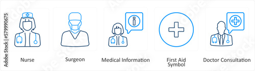 A set of 6 Medical icons as nurse, surgeon, medical information, first aid symbol