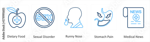 A set of 6 Medical icons as dietary food, sexual disorder, runny nose