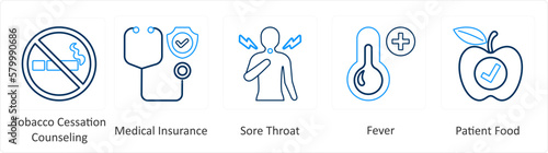 A set of 6 Medical icons as tobacco cessation counselling, medical insurance, sore throat