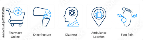 A set of 6 Medical icons as pharmacy online, knee fracture, dizziness