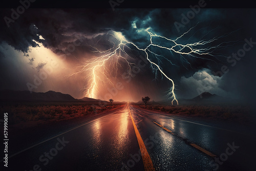 lightning and thunderstorm on the road. Generative ai