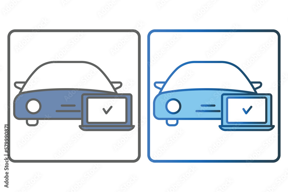 Car diagnosis icon illustration. car icon with laptop. icon related to car service, car repair. Two tone icon style, lineal color. Simple vector design editable