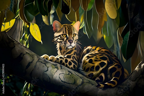 margay climbing on a liana with its long tail and agile movements (AI Generated) photo