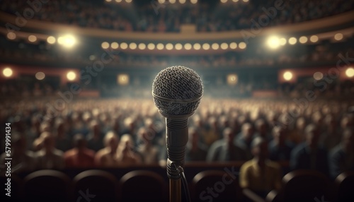 Detailed and isolated microphone with background a people waiting for a conference