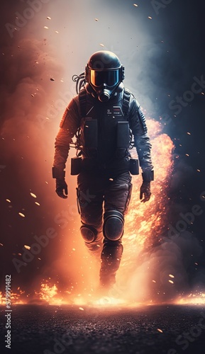 Full body policeman running while his body is on fire