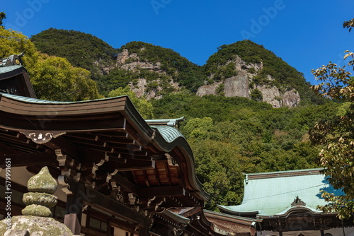Looking up Mt. gokenzan from yakuri temple in takamatsu city , kagawa, shikoku, japan