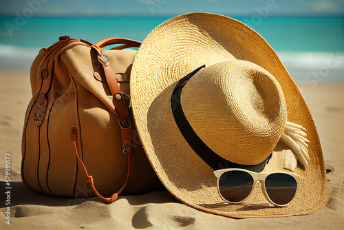 Straw hat, bag and sun glasses on a tropical beach. generative ai 