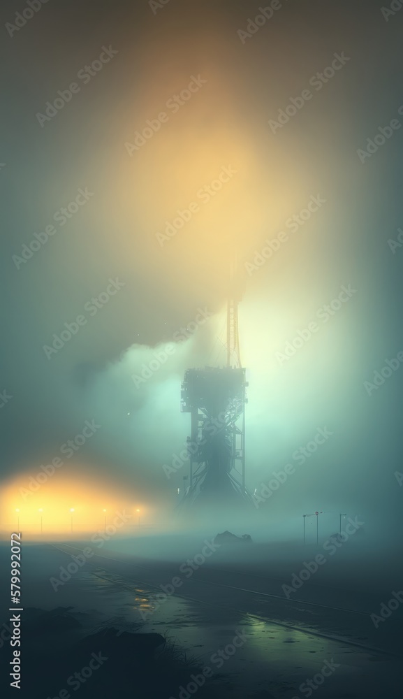 Fototapeta premium Oil platform surrounded with smoke and fog. Pollution concept. Generative ai.