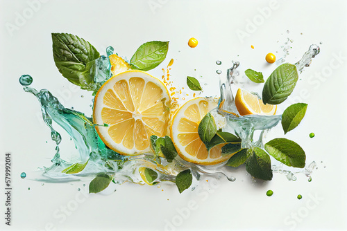 Water splash on white background with lemon slices, mint leaves and ice cubes. generative ai