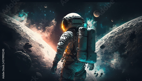 Astronaut looking two colliding planets, Generative AI, AI, Generative