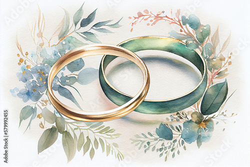 Wedding rings and flowers. Watercolor. generative ai