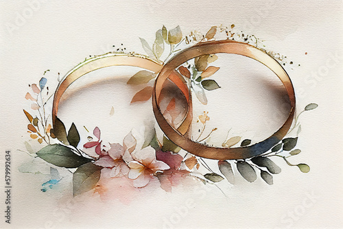 Wedding rings and flowers. Watercolor. generative ai