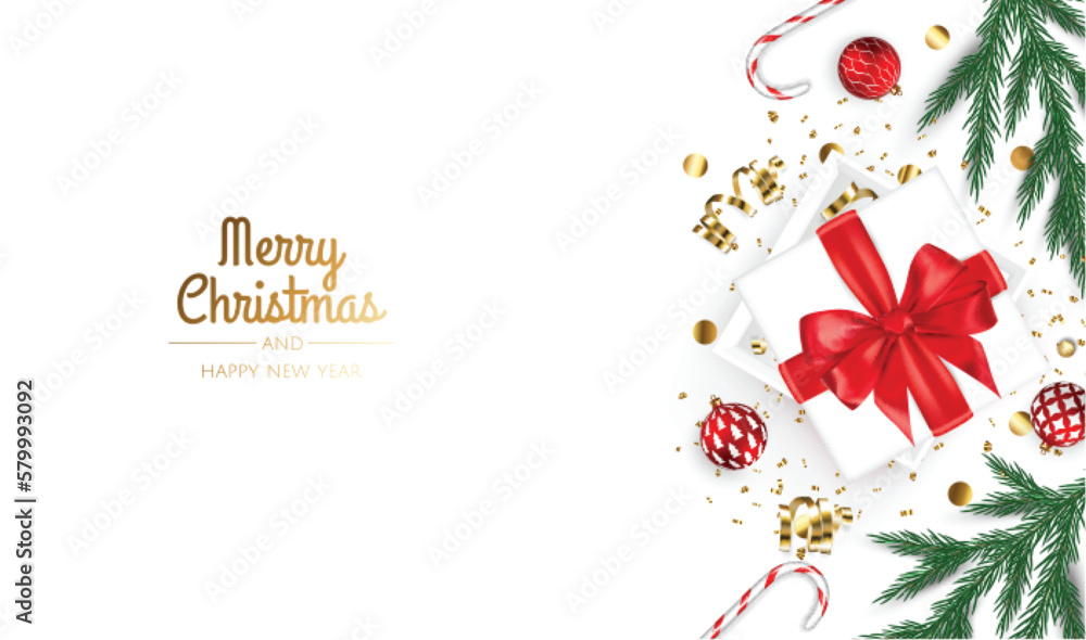 Merry Christmas and Happy New Year. Xmas Festive background with realistic 3d objects, gift box, gold and white balls. Merry Christmas and Happy New Year. Xmas Festive background with realistic 3d objects, gift box, gold and white balls.
