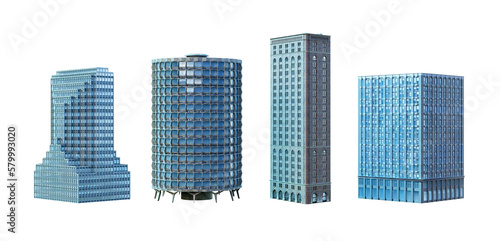 Skyscrapers, business towers, office, residential, commercial tall buildings set. Modern eco cityscape 3D render design element. Smart city megapolis town skyscraper icons isolated, transparent PNG
