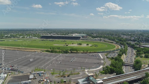 Aerial Drone Shot of Public Transportation Near UBS Arena at Belmont Park, NY