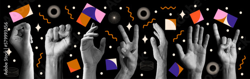 Collage element with hands and doodle element. Vintage vector set. Retro halftone effect. The gesture of  greeting, rock, peace.