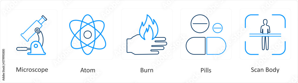 A set of 6 Medical icons as microscope, atom, burn