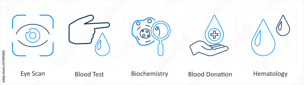 A set of 6 Medical icons as eye scan, blood test, biochemistry A set of 6 Medical icons as eye scan, blood test, biochemistry