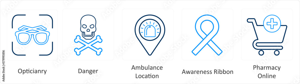 A set of 6 Medical icons as opticianry, danger, ambulance location A set of 6 Medical icons as opticianry, danger, ambulance location
